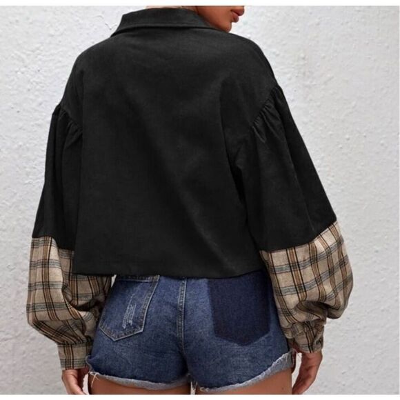 SHEIN Tartan Panel Corduroy Crop Shacket Size Medium - Picture 4 of 11